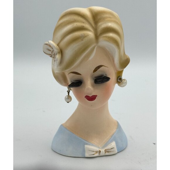Enesco 4.5  " Lady Head Vase Blue Dress Blonde With Flower VTG Long Lashes As Is - Picture 5 of 8